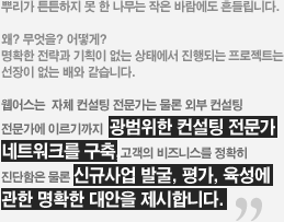 웹어스는 광범위한 컨설팅 전문가 네트워크를 구축하여 신규사업 발굴,평가,육성에 관한 명확한 대안을 제시합니다.